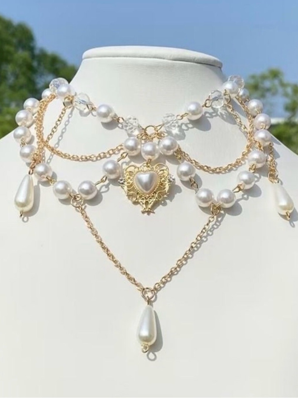 Gold & White Pearl Heart Layered Choker Necklace - Romantic Women’s Jewelry